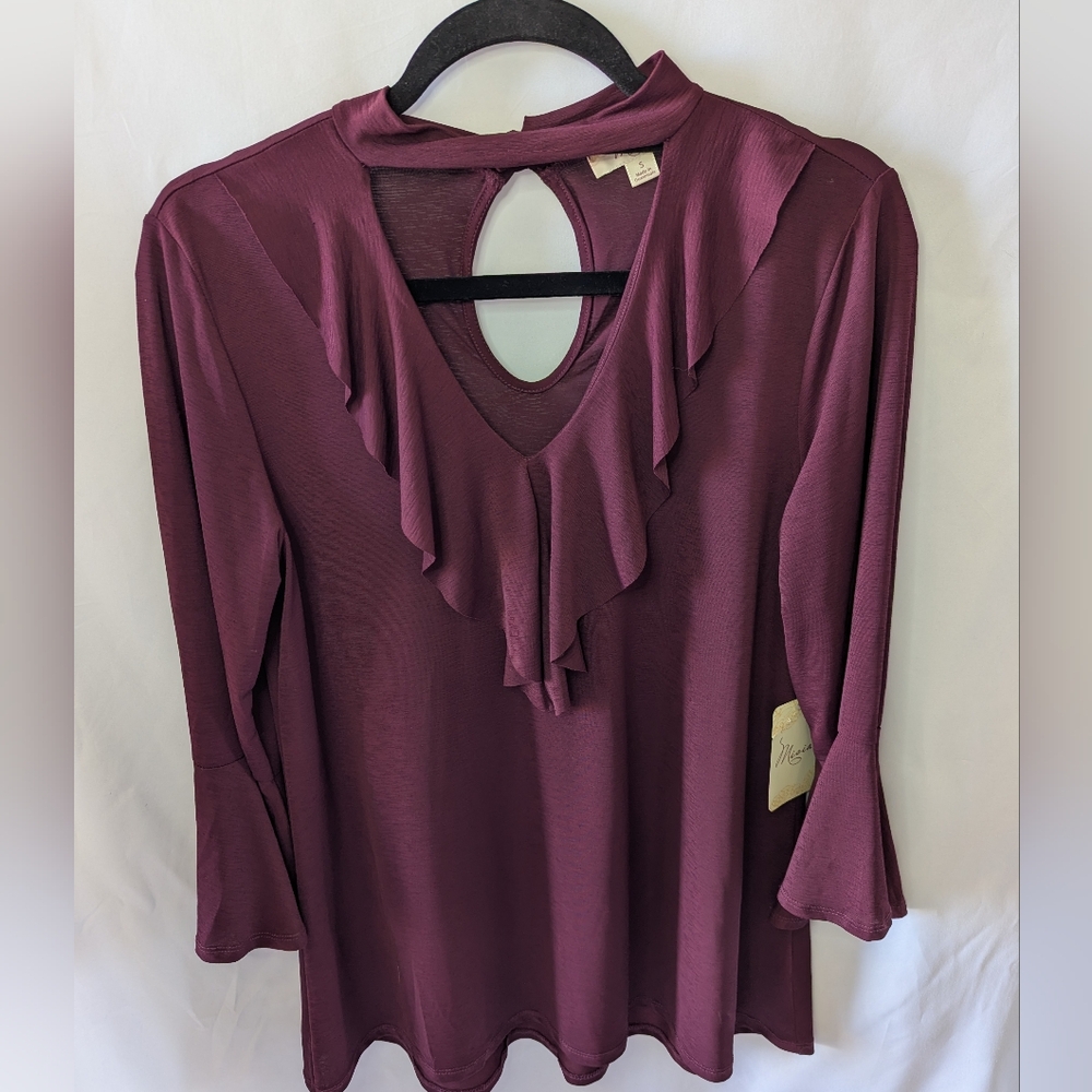 Misia Ruffle Neck Long Bell Sleeve Blouse Wine Plum Color Women's Small NWT
